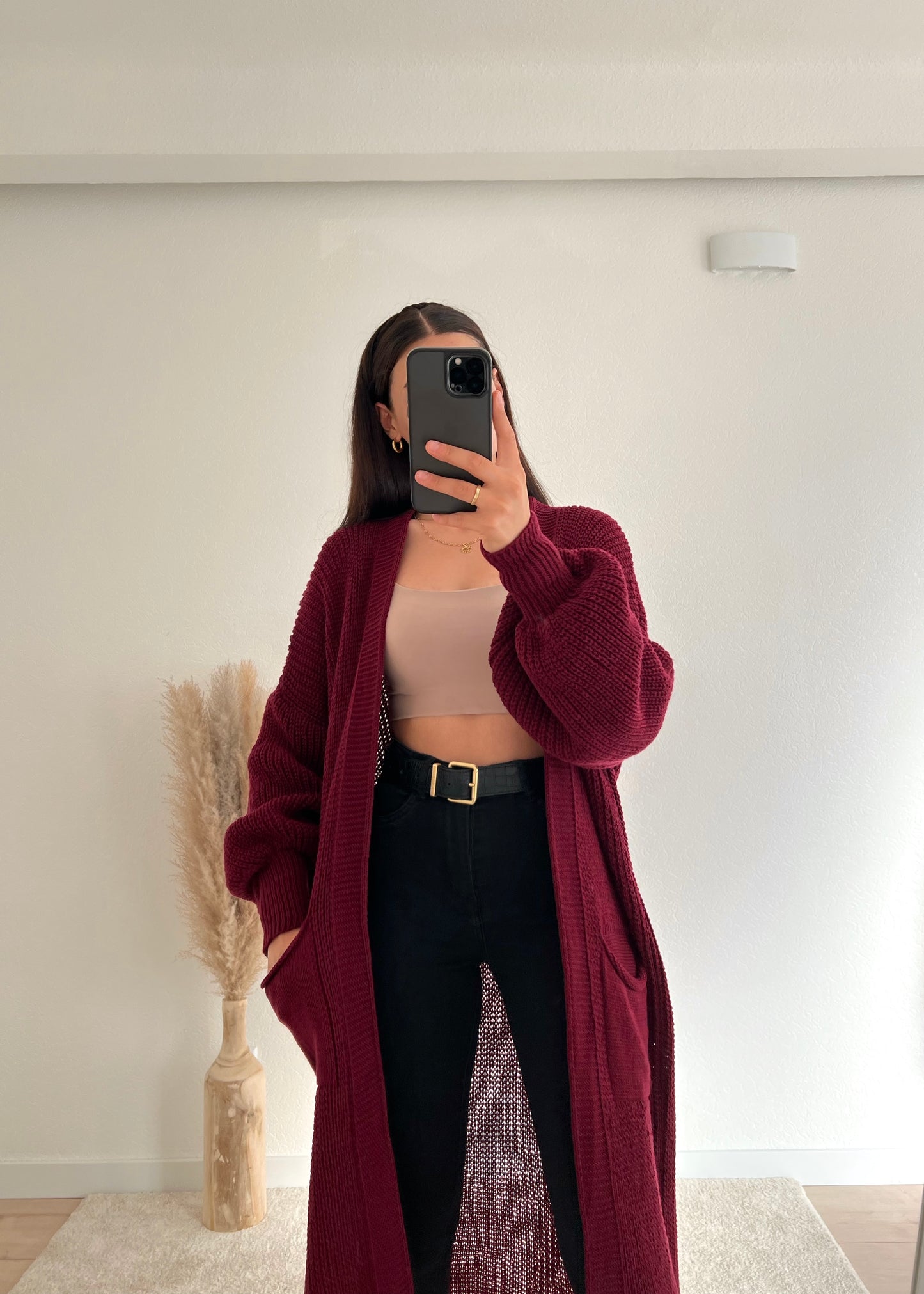 Langer Cardigan „Amy“ in Bordeaux Rot